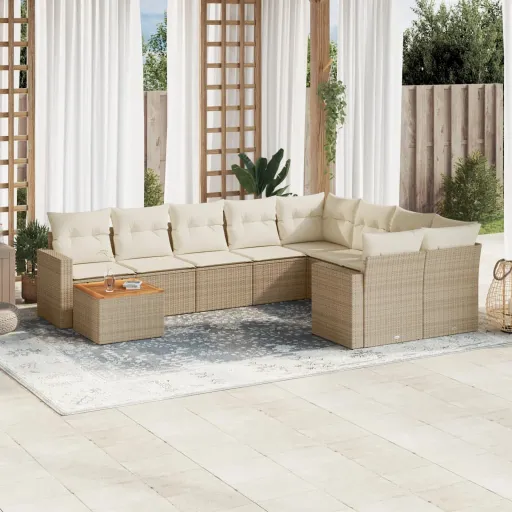 Conjunto de Sofás p/ Jardim com Almofadões Vime PE Bege (10 pcs)