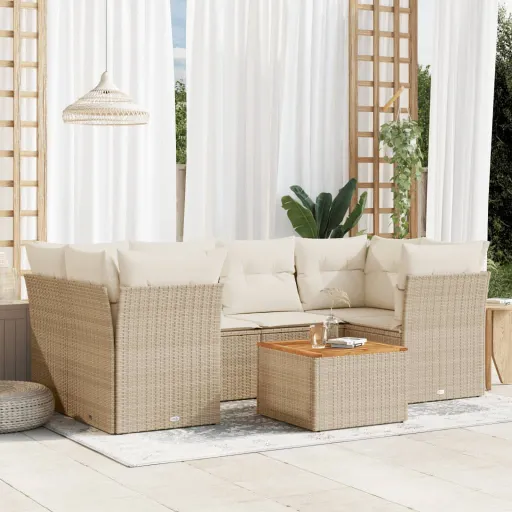 Conjunto de Sofás p/ Jardim com Almofadões Vime PE Bege (7 pcs)