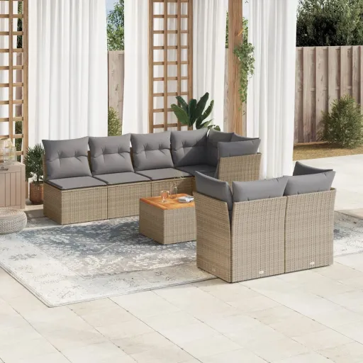 Conjunto de Sofás p/ Jardim com Almofadões Vime PE Bege (8 pcs)