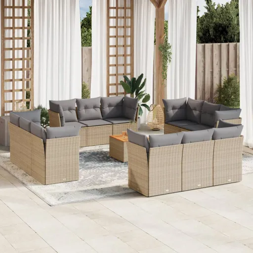 Conjunto de Sofás p/ Jardim com Almofadões Vime PE Bege (13 pcs)