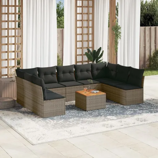 Conjunto Sofás de Jardim c/ Almofadões Vime PE Cinzento (10 pcs)