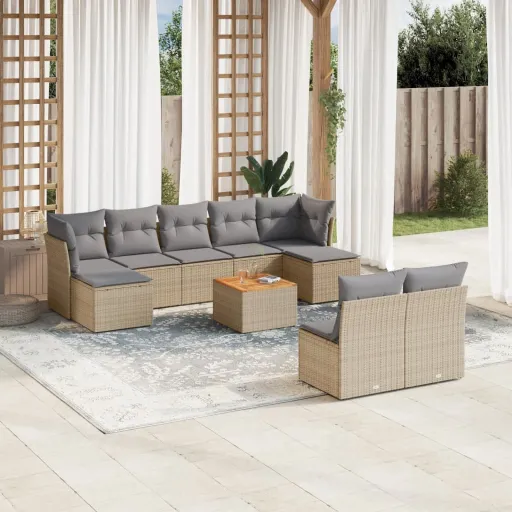 Conjunto de Sofás p/ Jardim com Almofadões Vime PE Bege (10 pcs)