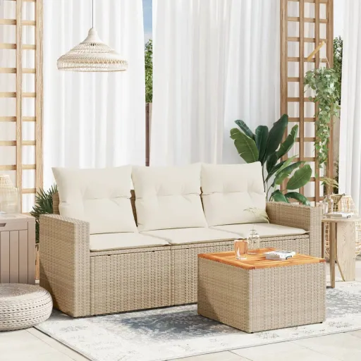 Conjunto de Sofás para Jardim c/ Almofadões Vime PE Bege (4 pcs)