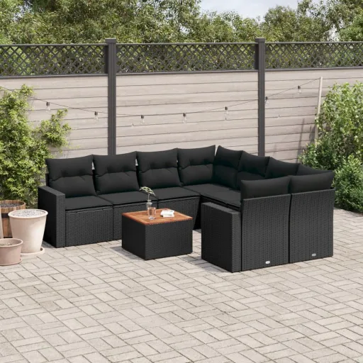 Conjunto de Sofás p/ Jardim c/ Almofadões Vime PE Preto (9 pcs)