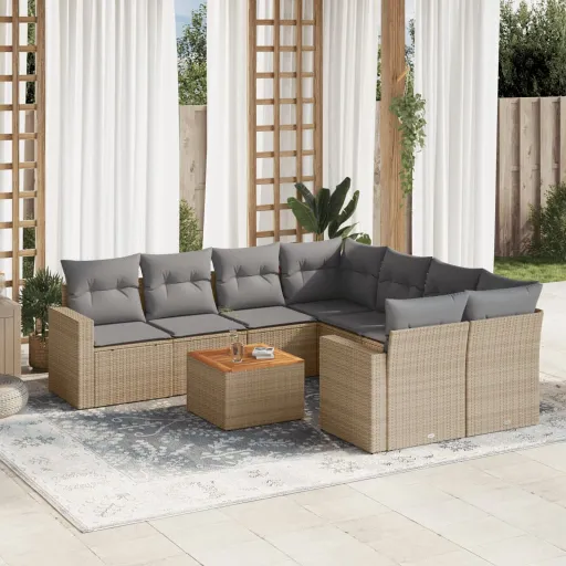 Conjunto de Sofás p/ Jardim com Almofadões Vime PE Bege (9 pcs)