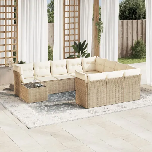 Conjunto Sofás de Jardim c/ Almofadões Vime PE Bege (11 pcs)