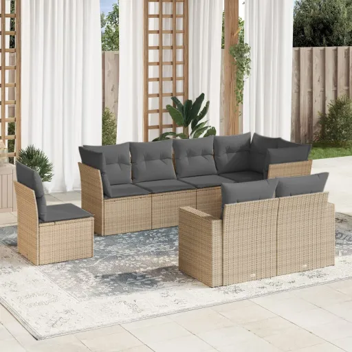 Conjunto de Sofás p/ Jardim com Almofadões Vime PE Bege (8 pcs)