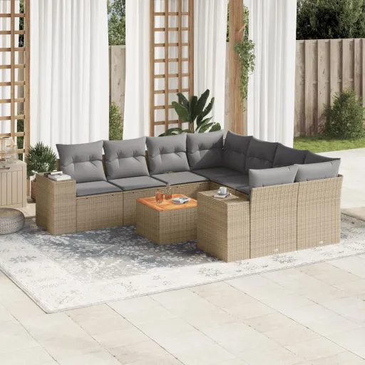 Conjunto de Sofás p/ Jardim com Almofadões Vime PE Bege (9 pcs)