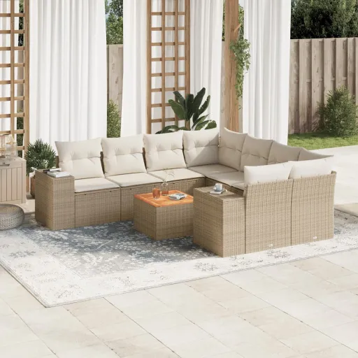 Conjunto de Sofás p/ Jardim com Almofadões Vime PE Bege (9 pcs)