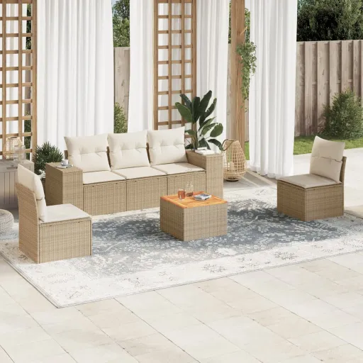 Conjunto de Sofás p/ Jardim com Almofadões Vime PE Bege (6 pcs)