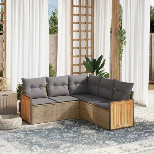 Conjunto de Sofás p/ Jardim com Almofadões Vime PE Bege (5 pcs)