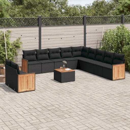 Conjunto de Sofás de Jardim c/ Almofadões Vime PE Preto (12 pcs)