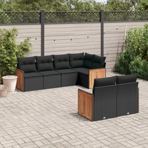 Conjunto de Sofás p/ Jardim c/ Almofadões Vime PE Preto (7 pcs)