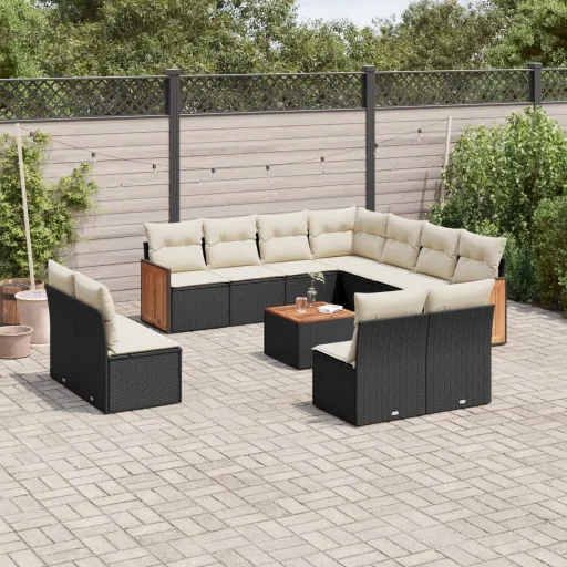 Conjunto de Sofás de Jardim c/ Almofadões Vime PE Preto (12 pcs)
