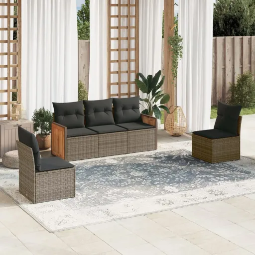 Conjunto Sofás de Jardim c/ Almofadões Vime PE Cinzento (5 pcs)