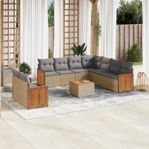 Conjunto de Sofás p/ Jardim com Almofadões Vime PE Bege (10 pcs)