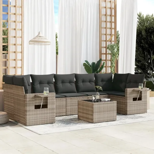 Conj. Sofás Jardim c/ Almofadões Vime PE Cinzento-Claro (8 pcs)