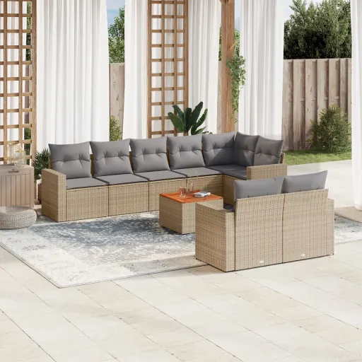 Conjunto de Sofás p/ Jardim com Almofadões Vime PE Bege (9 pcs)