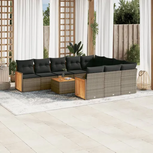 Conjunto Sofás de Jardim c/ Almofadões Vime PE Cinzento (11 pcs)