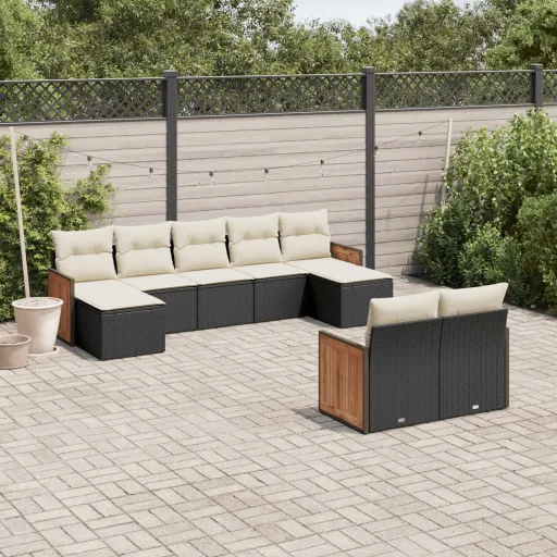 Conjunto de Sofás p/ Jardim c/ Almofadões Vime PE Preto (9 pcs)
