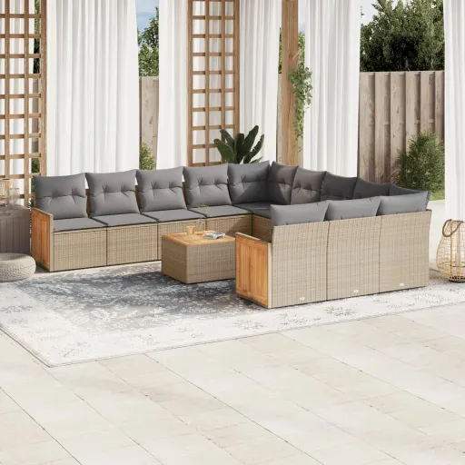Conjunto de Sofás p/ Jardim com Almofadões Vime PE Bege (12 pcs)