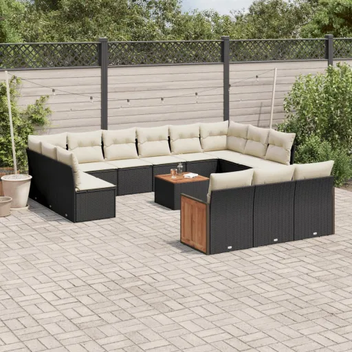 Conjunto de Sofás p/ Jardim c/ Almofadões Vime PE Preto (14 pcs)
