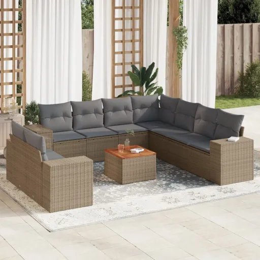 Conjunto de Sofás p/ Jardim com Almofadões Vime PE Bege (10 pcs)