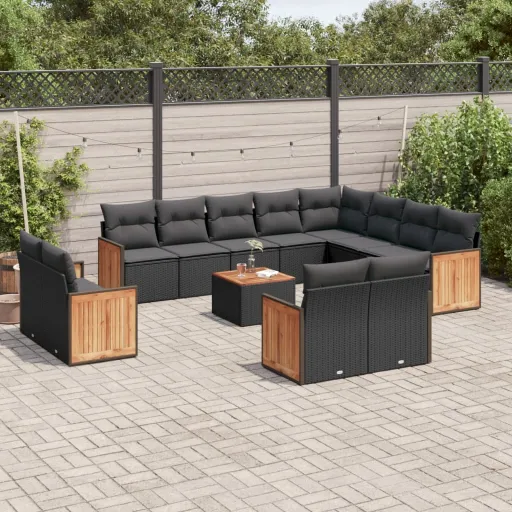 Conjunto de Sofás de Jardim com Almofadões Vime PE Preto (13 pcs)
