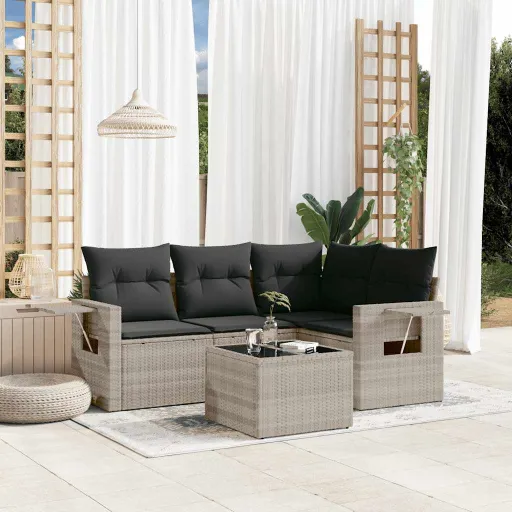Conj. Sofás Jardim c/ Almofadões Vime PE Cinzento-Claro (5 pcs)