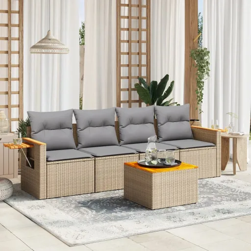 Conjunto de Sofás p/ Jardim com Almofadões Vime PE Bege (5 pcs)