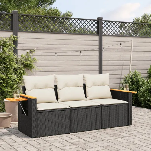 Conjunto Sofás de Jardim com Almofadões Vime PE Preto (3 pcs)