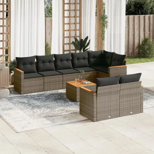 Conjunto Sofás p/ Jardim com Almofadões Vime PE Cinzento (9 pcs)