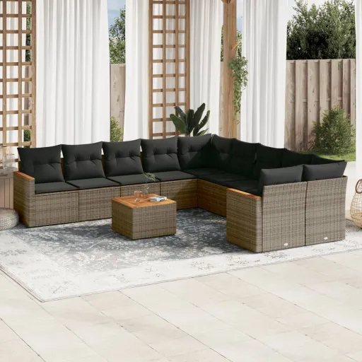 Conjunto Sofás de Jardim c/ Almofadões Vime PE Cinzento (11 pcs)