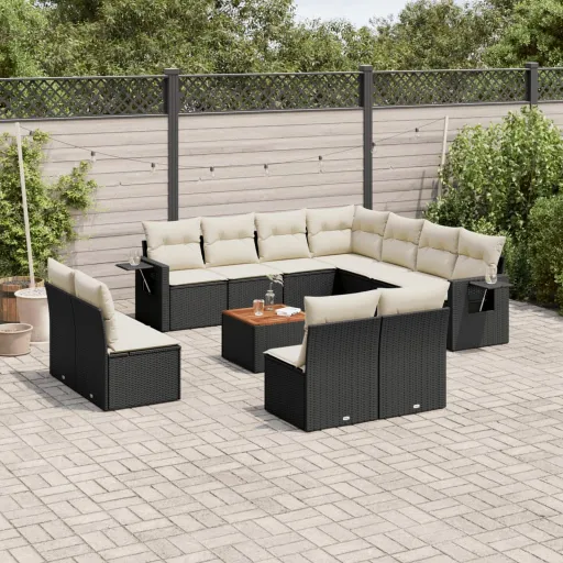 Conjunto de Sofás de Jardim c/ Almofadões Vime PE Preto (12 pcs)
