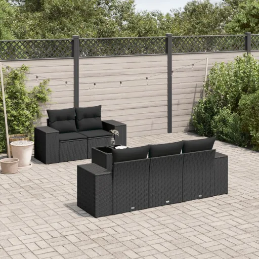 Conjunto Sofás de Jardim c/ Almofadões Vime PE Preto (6 pcs)