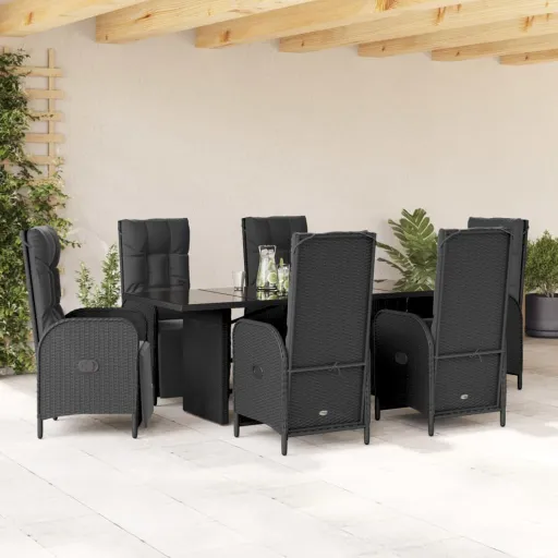 Conjunto de Jantar p/ Jardim c/ Almofadões Vime PE Preto (7 pcs)