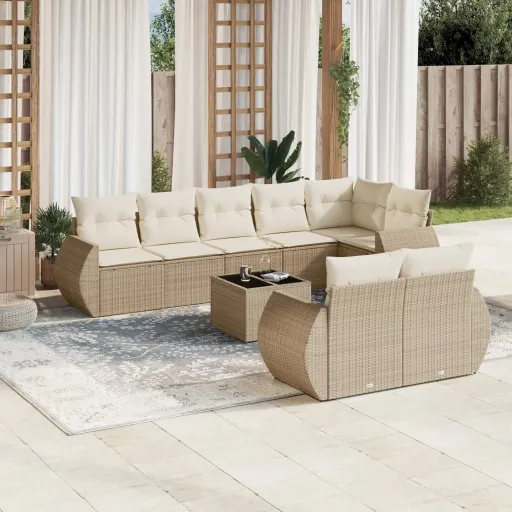 Conjunto de Sofás p/ Jardim com Almofadões Vime PE Bege (9 pcs)