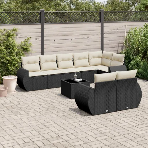 Conjunto de Sofás p/ Jardim c/ Almofadões Vime PE Preto (9 pcs)