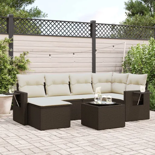 Conjunto de Sofás Jardim c/ Almofadões Vime PE Castanho (7 pcs)
