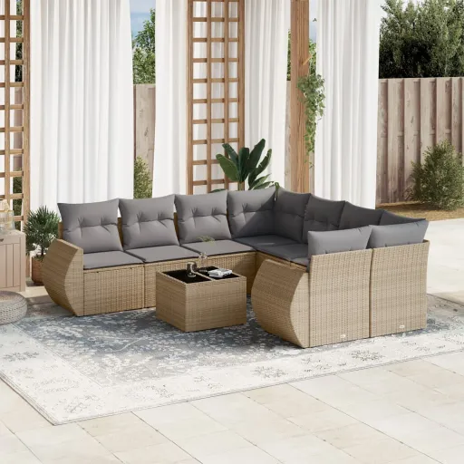 Conjunto de Sofás p/ Jardim com Almofadões Vime PE Bege (9 pcs)
