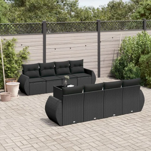 Conjunto de Sofás p/ Jardim c/ Almofadões Vime PE Preto (9 pcs)