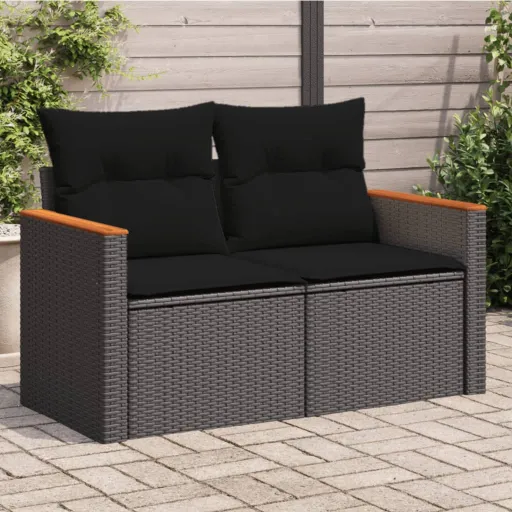Sofá de Jardim com Almofadas, 2 Lugares, Vime Sintético Preto