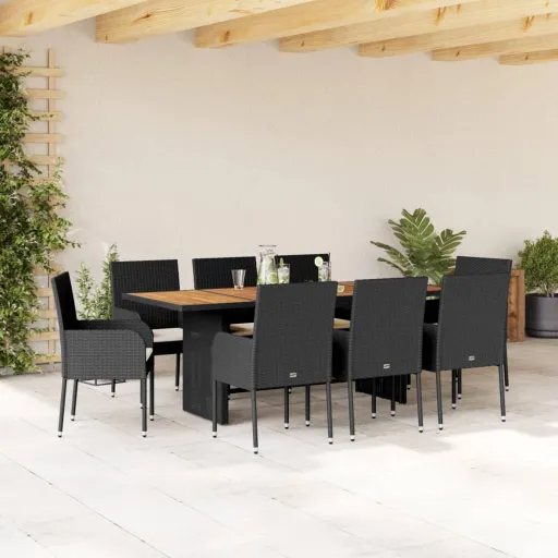 Conjunto de Jantar p/ Jardim c/ Almofadões Vime PE Preto (9 pcs)