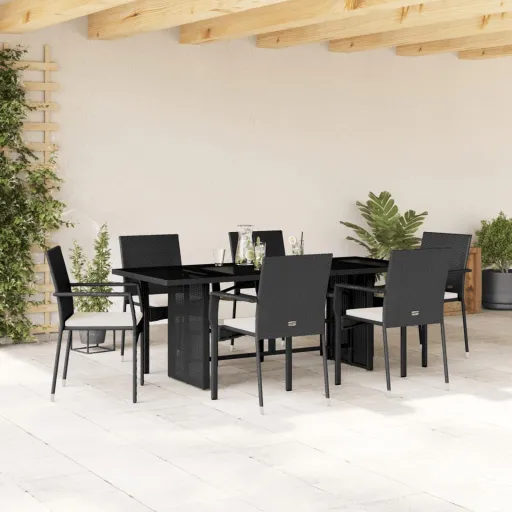 Conjunto de Jantar p/ Jardim c/ Almofadões Vime PE Preto (7 pcs)