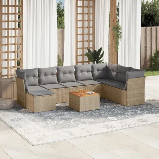 Conjunto de Sofás p/ Jardim com Almofadões Vime PE Bege (9 pcs)