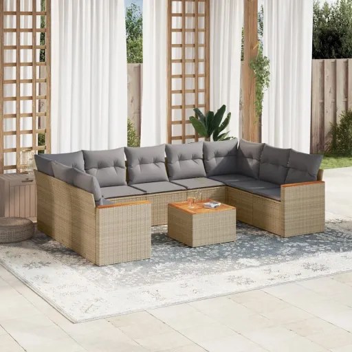 Conjunto de Sofás p/ Jardim com Almofadões Vime PE Bege (10 pcs)