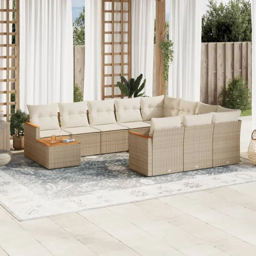 Conjunto Sofás de Jardim c/ Almofadões Vime PE Bege (11 pcs)