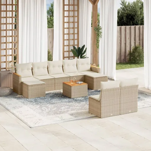 Conjunto de Sofás p/ Jardim com Almofadões Vime PE Bege (10 pcs)