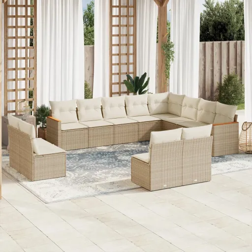 Conjunto de Sofás p/ Jardim com Almofadões Vime PE Bege (12 pcs)