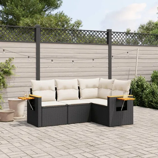 Conjunto de Sofás para Jardim c/ Almofadões Vime PE Preto (4 pcs)